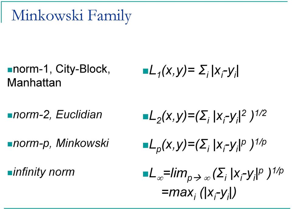 1/2 norm-p, Minkowski p (x,y)=(σ i x i -y i p ) 1/p