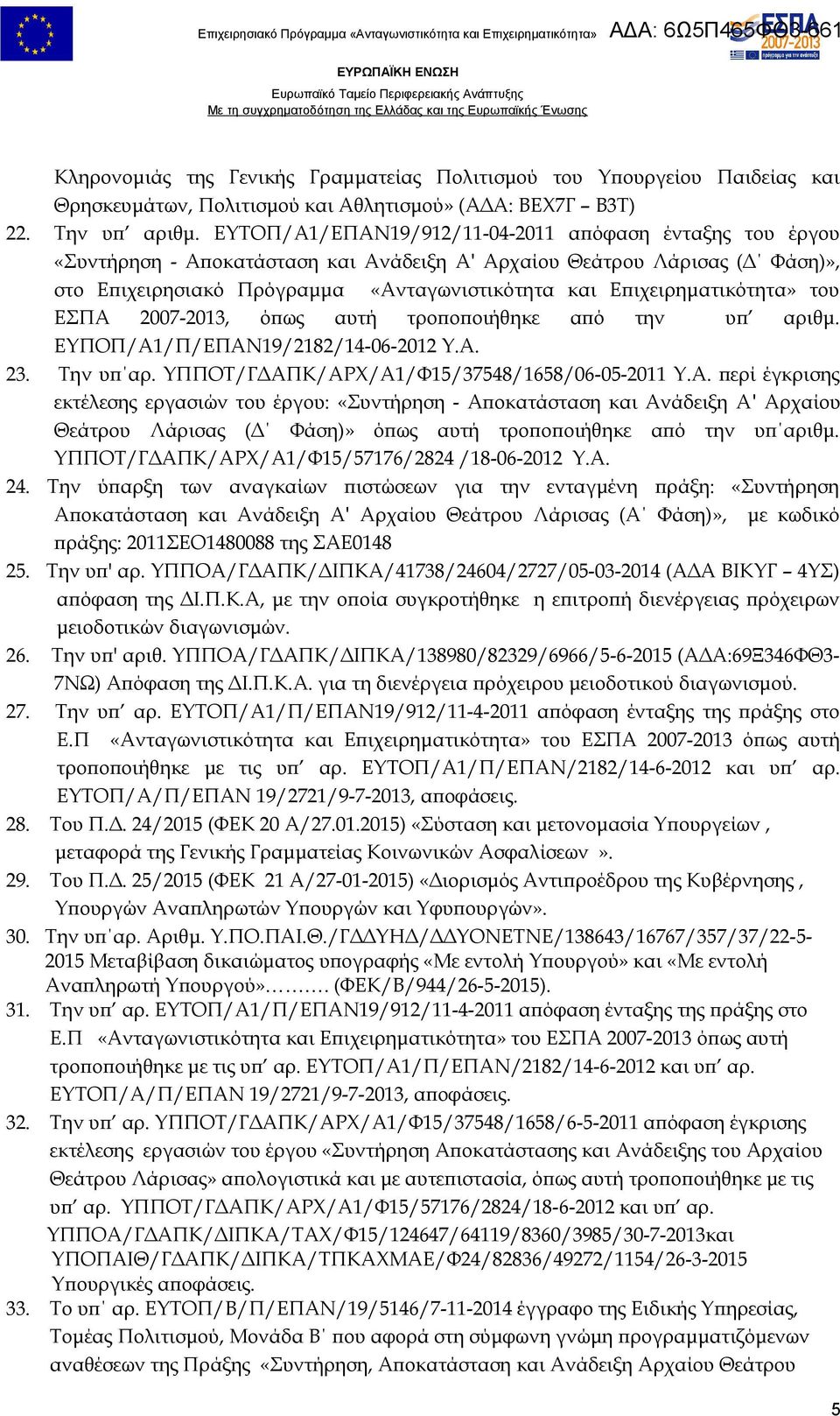 ΕΥΠΟΠ/Α1/Π/ΕΠΑΝ19/2182/14-06-2012 Υ.Α. Την υπ αρ. ΥΠΠΟΤ/ΓΔΑΠΚ/ΑΡΧ/Α1/Φ15/37548/1658/06-05-2011 Υ.Α. περί έγκρισης εκτέλεσης εργασιών του έργου: «Συντήρηση - Αποκατάσταση και Ανάδειξη Α' Αρχαίου Θεάτρου Λάρισας (Δ Φάση)» όπως αυτή τροποποιήθηκε από την υπ αριθμ.