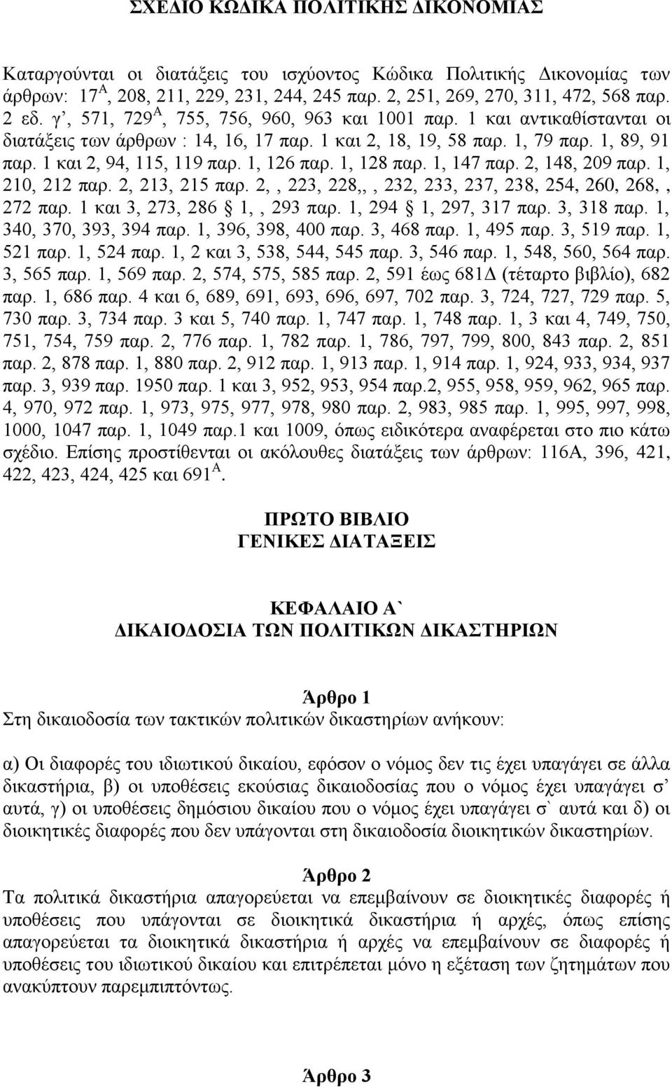 1, 126 παρ. 1, 128 παρ. 1, 147 παρ. 2, 148, 209 παρ. 1, 210, 212 παρ. 2, 213, 215 παρ. 2,, 223, 228,,, 232, 233, 237, 238, 254, 260, 268,, 272 παρ. 1 και 3, 273, 286 1,, 293 παρ.