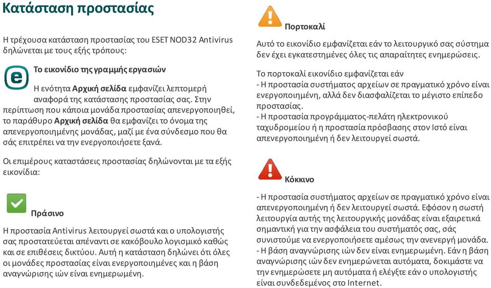 Στην περίπτωση που κάποια µονάδα προστασίας απενεργοποιηθεί, το παράθυρο Αρχική σελίδα θα εµφανίζει το όνοµα της απενεργοποιηµένης µονάδας, µαζί µε ένα σύνδεσµο που θα σάς επιτρέπει να την