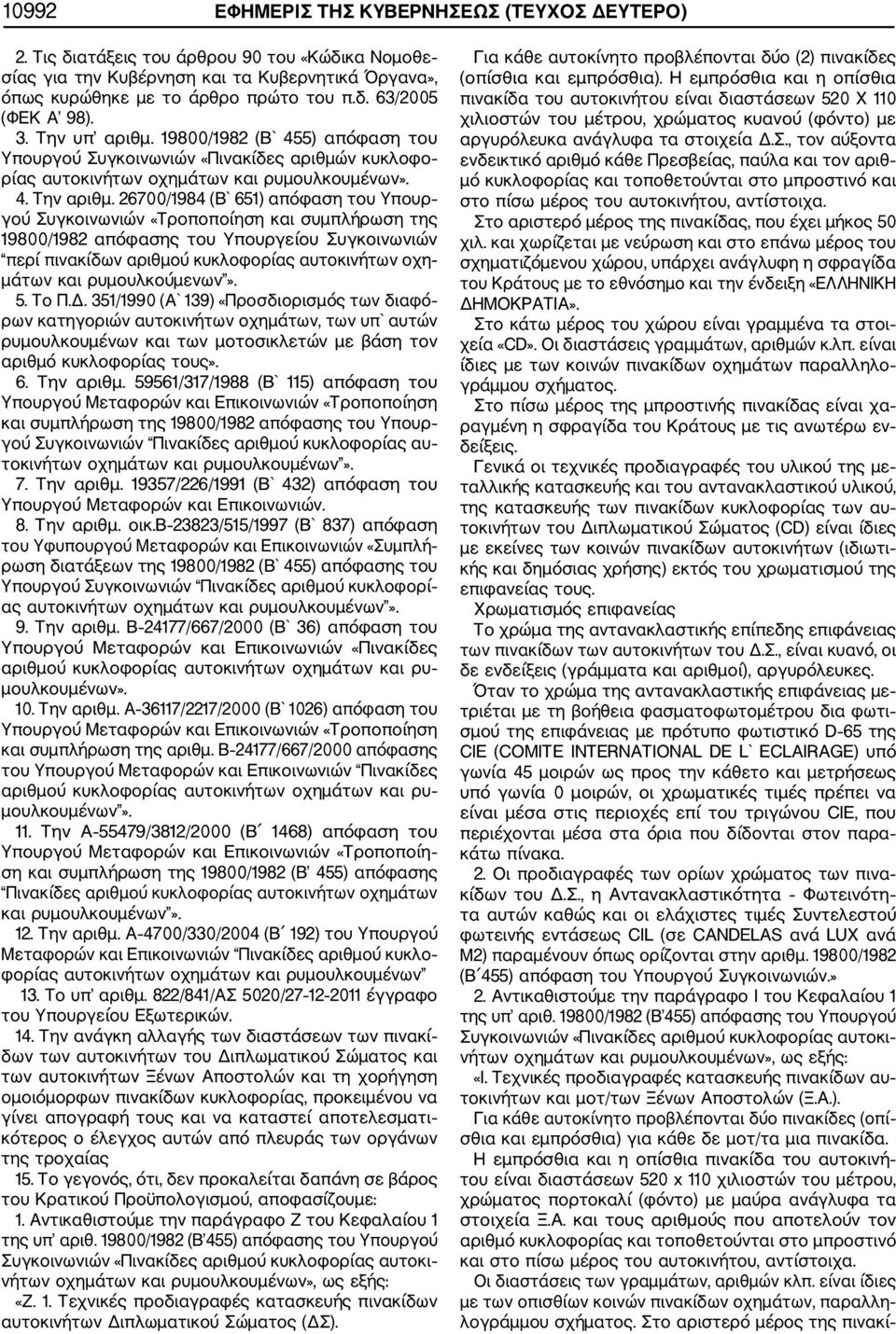 26700/1984 (Β` 651) απόφαση του Υπουρ γού Συγκοινωνιών «Τροποποίηση και συμπλήρωση της 19800/1982 απόφασης του Υπουργείου Συγκοινωνιών περί πινακίδων αριθμού κυκλοφορίας αυτοκινήτων οχη μάτων και