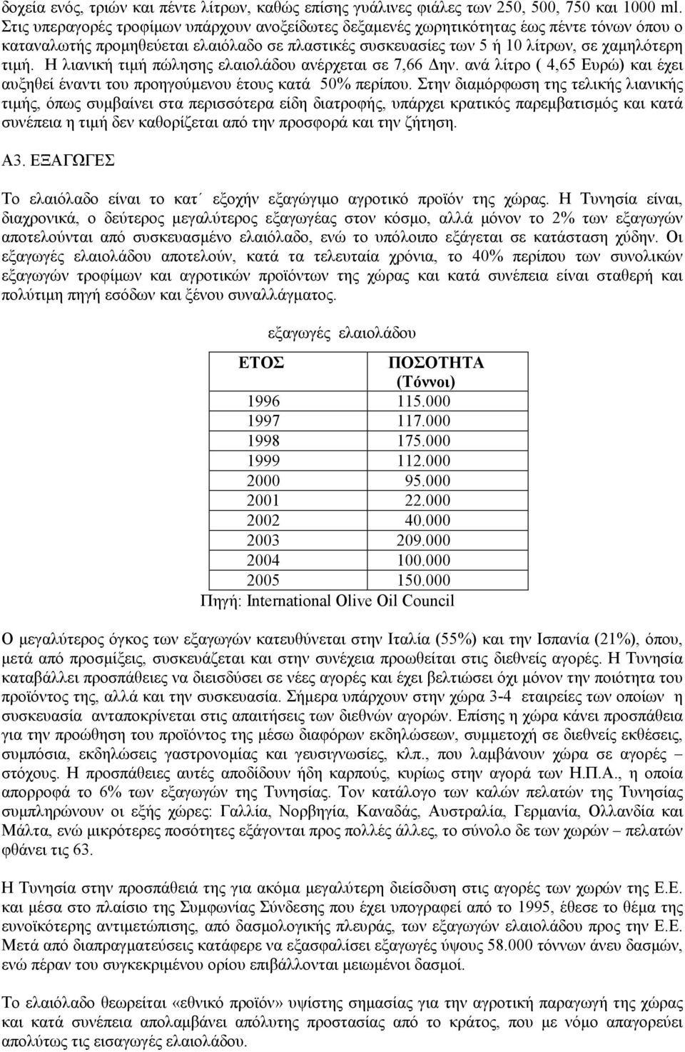 Η λιανική τιµή πώλησης ελαιολάδου ανέρχεται σε 7,66 ην. ανά λίτρο ( 4,65 Ευρώ) και έχει αυξηθεί έναντι του προηγούµενου έτους κατά 50% περίπου.