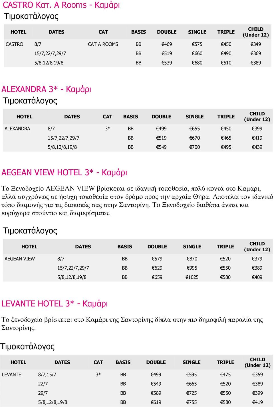 BB 519 670 465 419 5/8,12/8,19/8 BB 549 700 495 439 AEGEAN VIEW HOTEL 3* - Καµάρι Το Ξενοδοχείο AEGEAN VIEW βρίσκεται σε ιδανική τοποθεσία, πολύ κοντά στο Καµάρι, αλλά συγχρόνως σε ήσυχη τοποθεσία