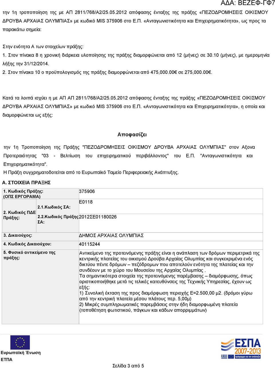 Στον πίνακα 10 ο προϋπολογισμός της πράξης διαμορφώνεται από 475,000.00 σε 275,000.00. Κατά τα λοιπά ισχύει η με ΑΠ ΑΠ 2811/768/A2/25.05.