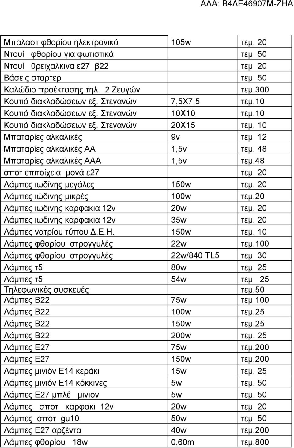 48 Μπαταρίες αλκαλικές ΑΑΑ 1,5ν τεμ.48 σποτ επιτοίχεια μονά ε27 τεμ 20 Λάμπες ιωδίνης μεγάλες 150w τεμ. 20 Λάμπες ιώδινης μικρές 100w τεμ.20 Λάμπες ιωδινης καρφακια 12v 20w τεμ.