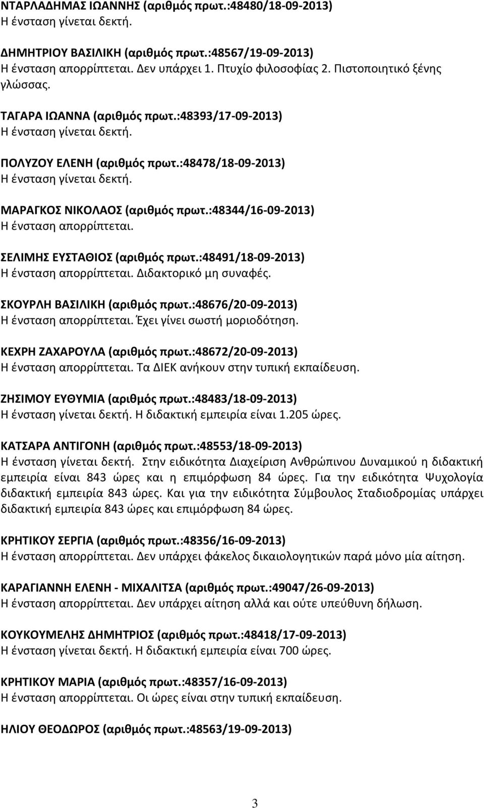 ΣΕΛΙΜΗΣ ΕΥΣΤΑΘΙΟΣ (αριθμός πρωτ.:48491/18-09-2013) Η ένσταση απορρίπτεται. Διδακτορικό μη συναφές. ΣΚΟΥΡΛΗ ΒΑΣΙΛΙΚΗ (αριθμός πρωτ.:48676/20-09-2013) Η ένσταση απορρίπτεται.