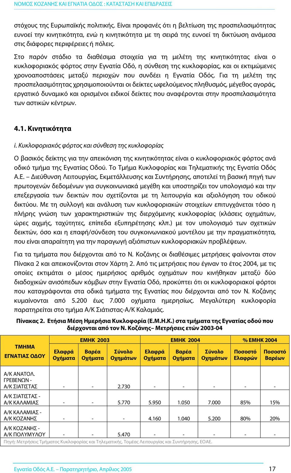 Στο παρόν στάδιο τα διαθέσιμα στοιχεία για τη μελέτη της κινητικότητας είναι ο κυκλοφοριακός φόρτος στην Εγνατία Οδό, η σύνθεση της κυκλοφορίας, και οι εκτιμώμενες χρονοαποστάσεις μεταξύ περιοχών που