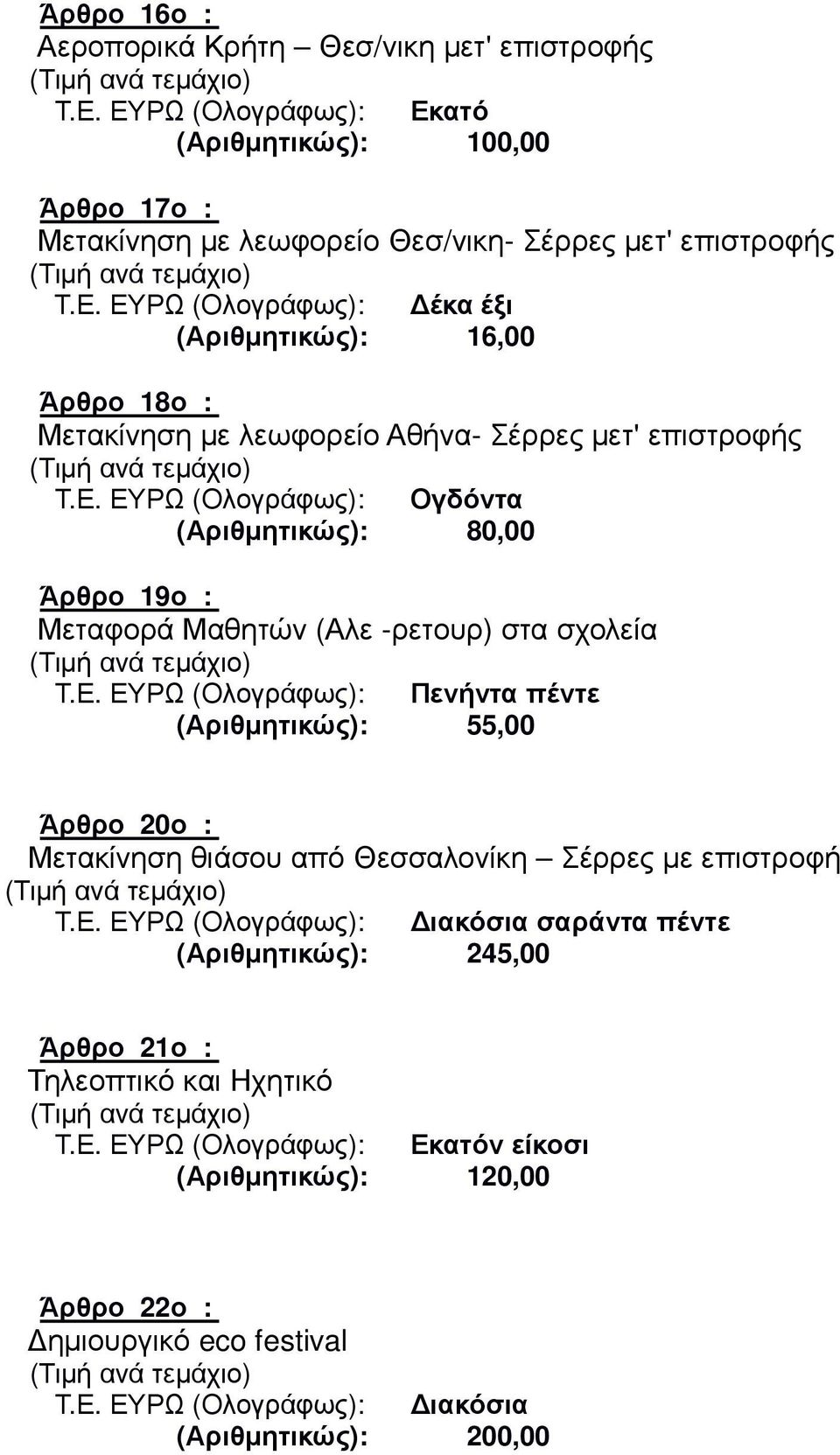 Ε. ΕΥΡΩ (Ολογράφως): ιακόσια σαράντα πέντε (Αριθµητικώς): 245,00 Άρθρο 21ο : Τηλεοπτικό και Ηχητικό Τ.Ε. ΕΥΡΩ (Ολογράφως): Εκατόν είκοσι (Αριθµητικώς): 120,00 Άρθρο 22ο : ηµιουργικό eco festival Τ.