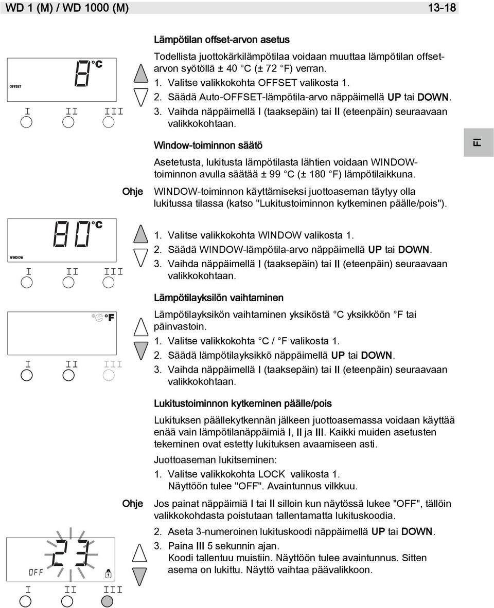Window-toiminnon säätö Asetetusta, lukitusta lämpötilasta lähtien voidaan WINDOWtoiminnon avulla säätää ± 99 C (± 180 F) lämpötilaikkuna.