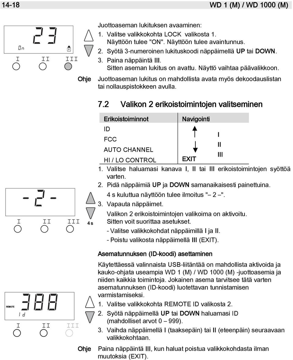 Juottoaseman lukitus on mahdollista avata myös dekoodauslistan tai nollauspistokkeen avulla. 7.