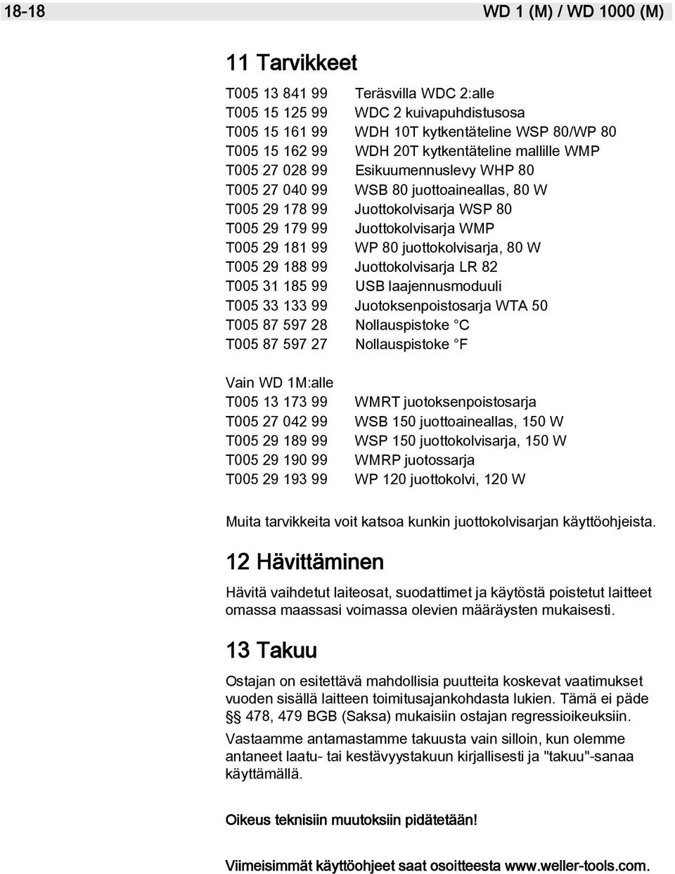 99 WP 80 juottokolvisarja, 80 W T005 29 188 99 Juottokolvisarja LR 82 T005 31 185 99 USB laajennusmoduuli T005 33 133 99 Juotoksenpoistosarja WTA 50 T005 87 597 28 Nollauspistoke C T005 87 597 27
