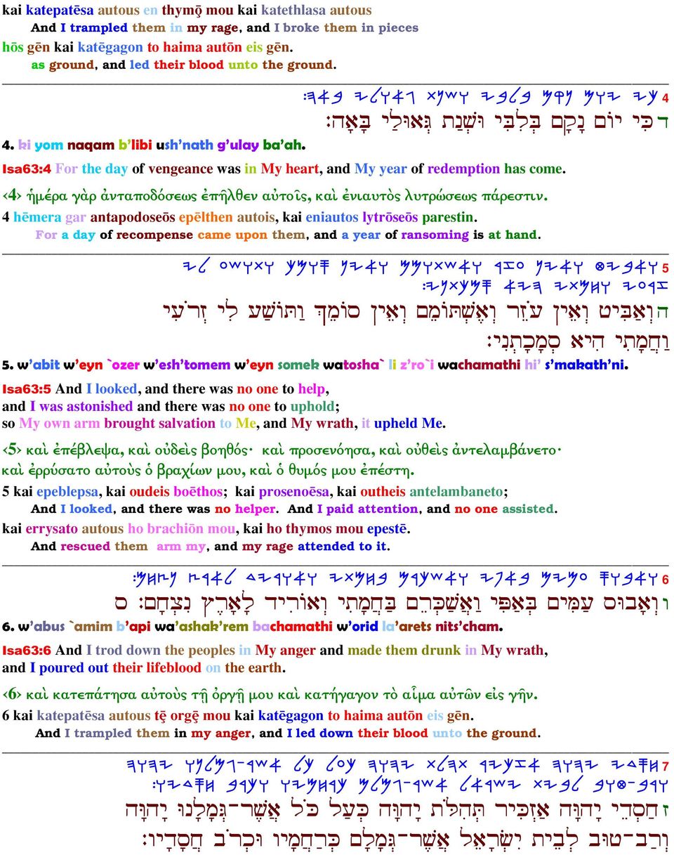 Isa63:4 For the day of vengeance was in My heart, and My year of redemption has come. 4 ἡµέρα γὰρ ἀνταποδόσεως ἐπῆλθεν αὐτοῖς, καὶ ἐνιαυτὸς λυτρώσεως πάρεστιν.