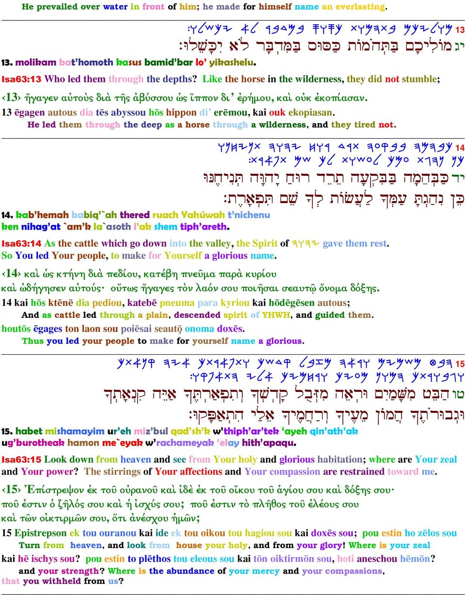 Like the horse in the wilderness, they did not stumble; 13 ἤγαγεν αὐτοὺς διὰ τῆς ἀβύσσου ὡς ἵππον δι ἐρήµου, καὶ οὐκ ἐκοπίασαν.