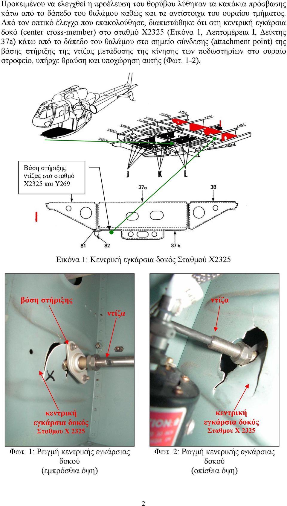 σημείο σύνδεσης (attachment point) της βάσης στήριξης της ντίζας μετάδοσης της κίνησης των ποδωστηρίων στο ουραίο στροφείο, υπήρχε θραύση και υποχώρηση αυτής (Φωτ. 1-2).