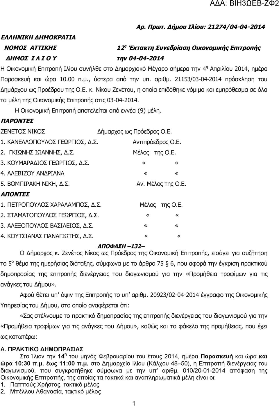 αριθμ. 21153/03-04-2014 πρόσκληση του Δημάρχου ως Προέδρου της Ο.Ε. κ. Νίκου Ζενέτου, η οποία επιδόθηκε νόμιμα και εμπρόθεσμα σε όλα τα μέλη της Οικονομικής Επιτροπής στις 03-04-2014.