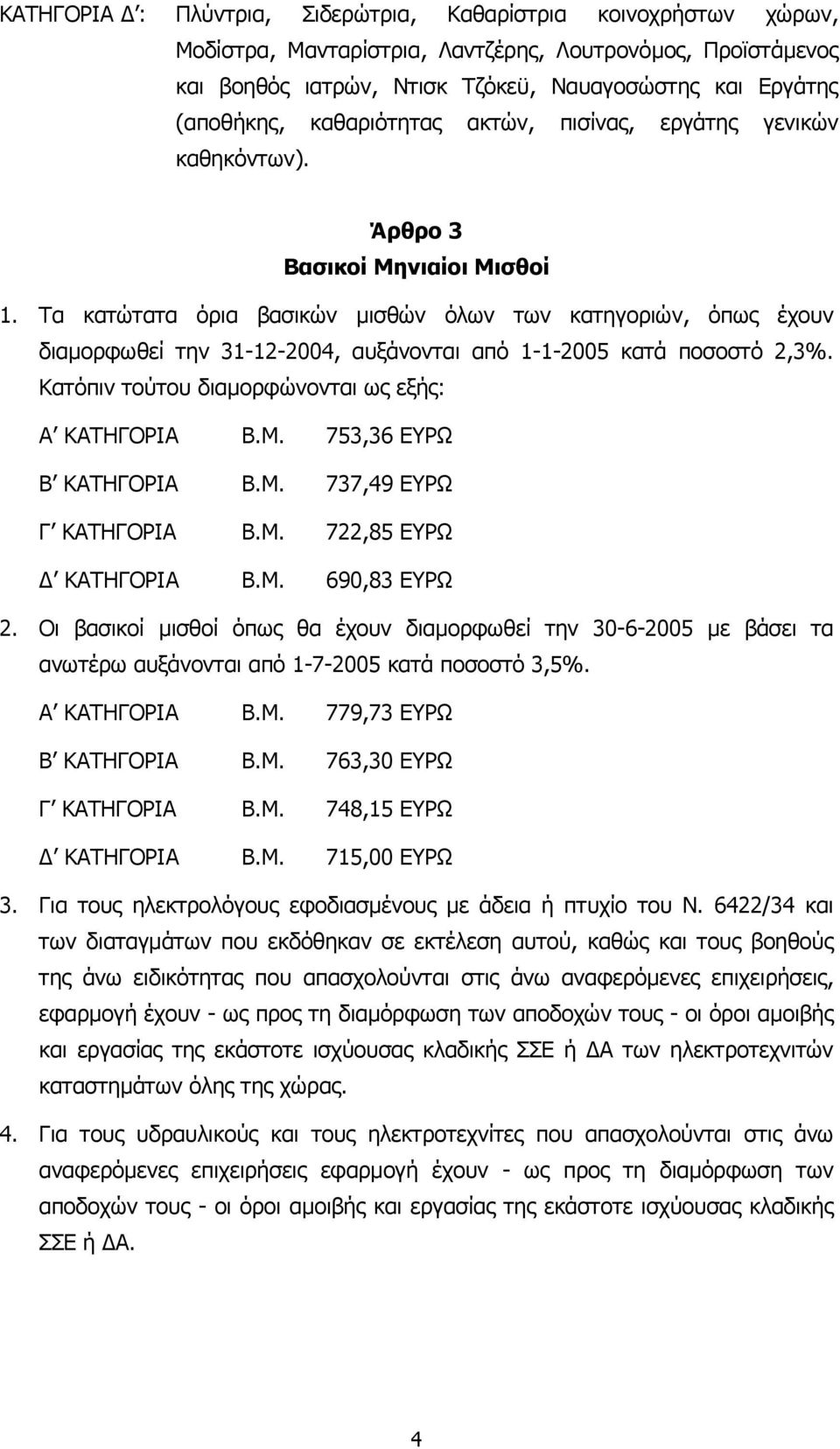 Τα κατώτατα όρια βασικών µισθών όλων των κατηγοριών, όπως έχουν διαµορφωθεί την 31-12-2004, αυξάνονται από 1-1-2005 κατά ποσοστό 2,3%. Κατόπιν τούτου διαµορφώνονται ως εξής: Α ΚΑΤΗΓΟΡΙΑ Β.Μ.