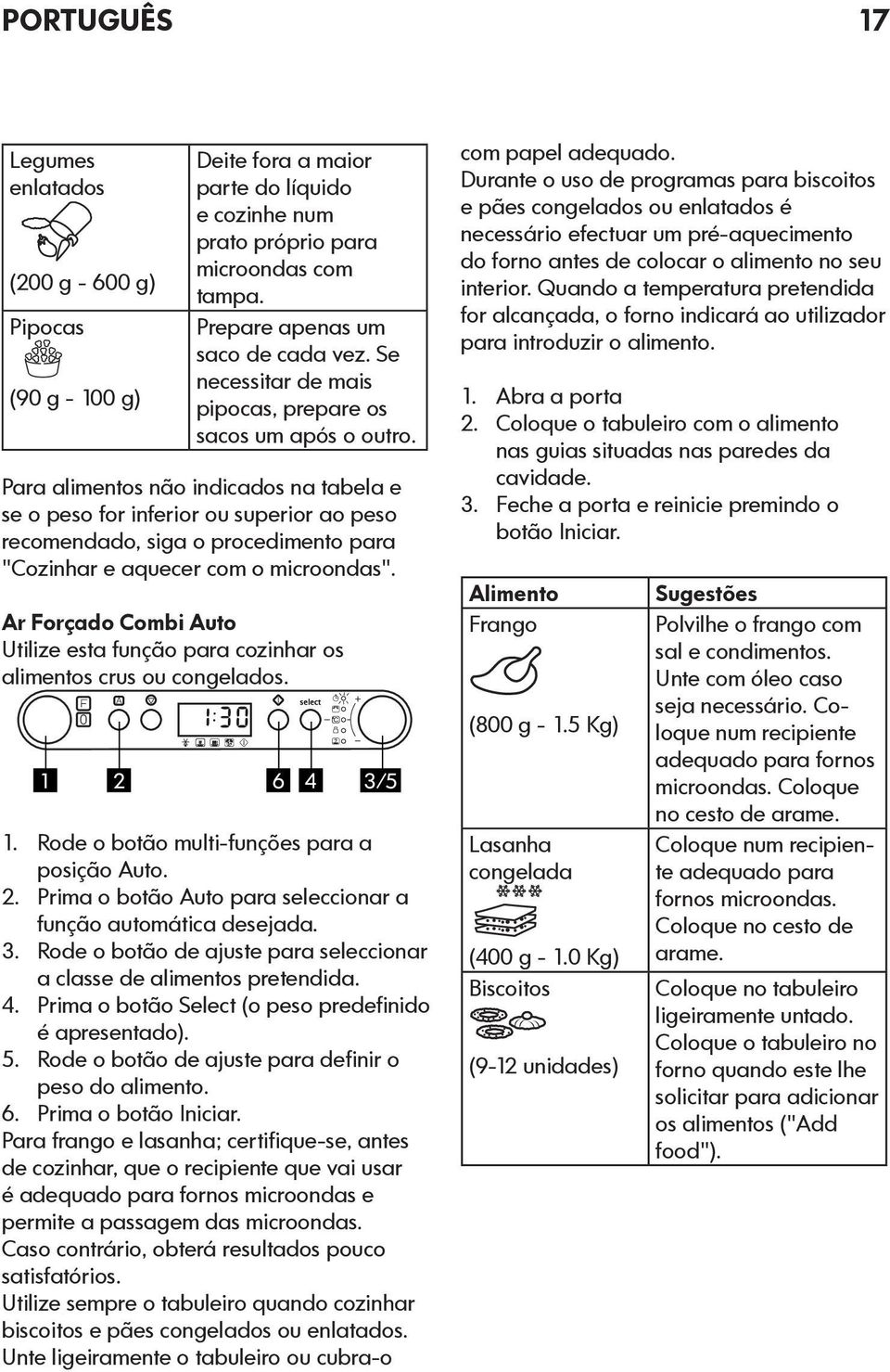 Para alimentos não indicados na tabela e se o peso for inferior ou superior ao peso recomendado, siga o procedimento para "Cozinhar e aquecer com o microondas".