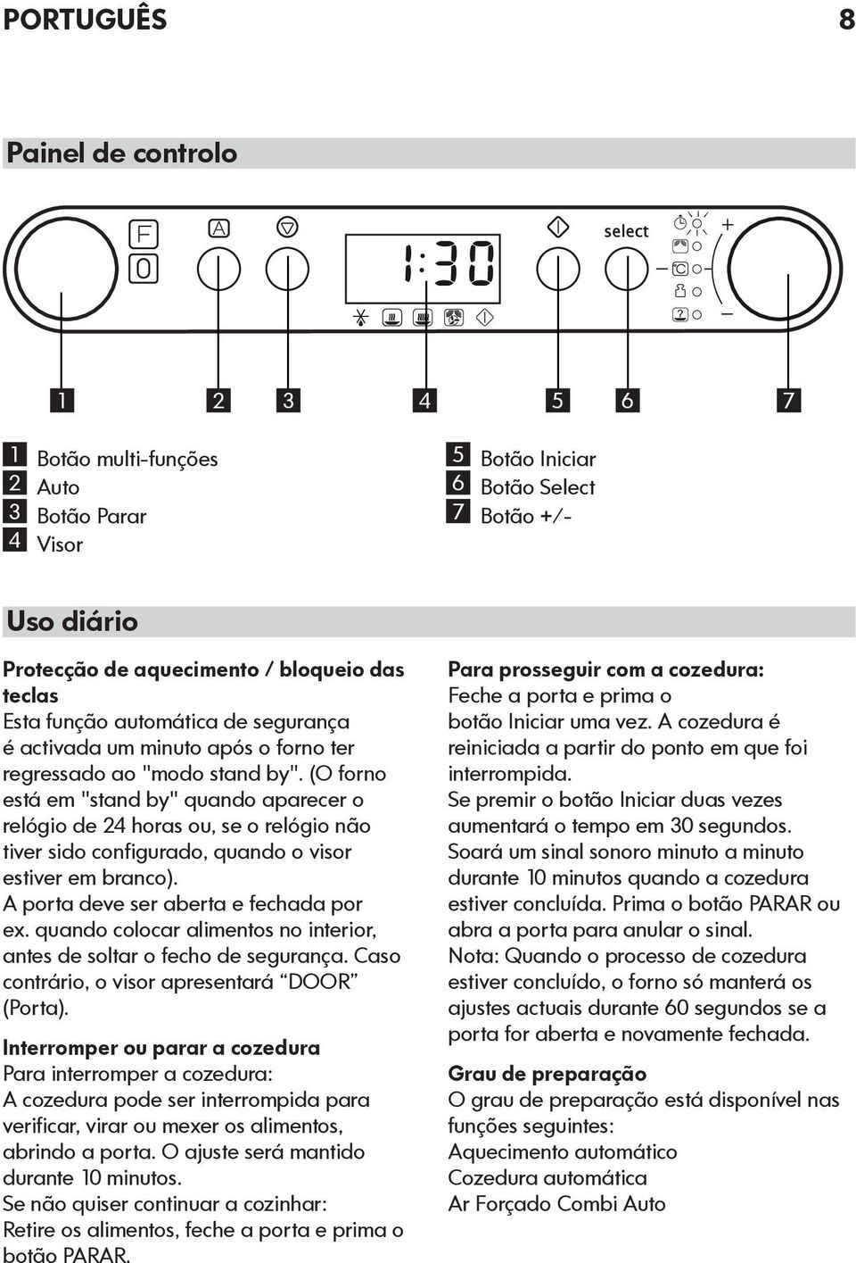 (O forno está em "stand by" quando aparecer o relógio de 24 horas ou, se o relógio não tiver sido configurado, quando o visor estiver em branco). A porta deve ser aberta e fechada por ex.