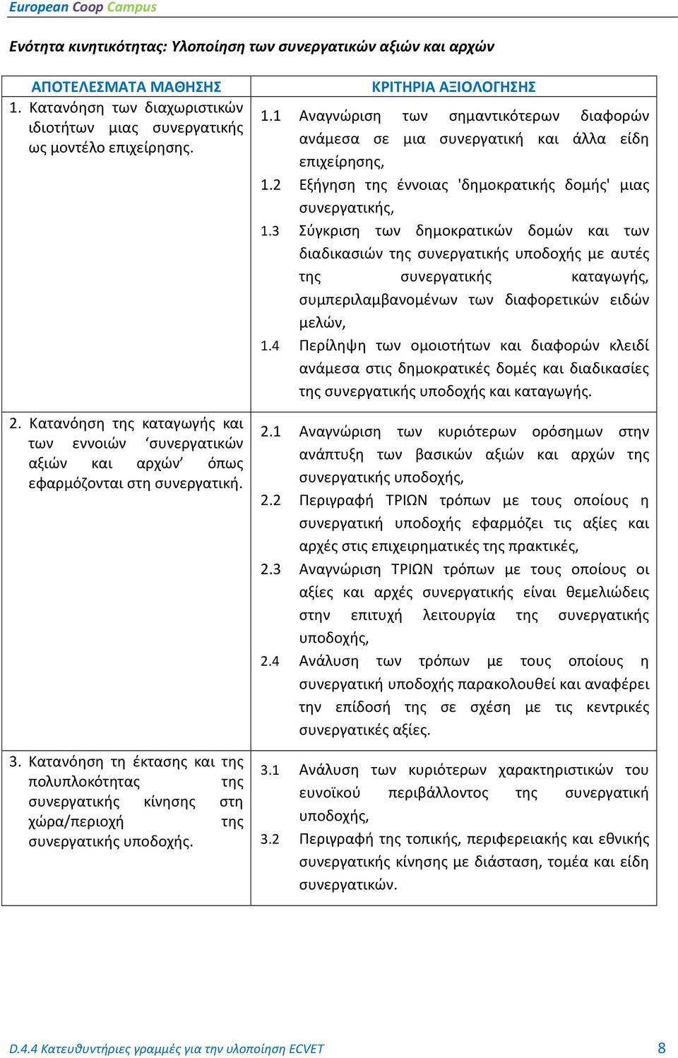 Κατανόηση τη έκτασης και της πολυπλοκότητας της συνεργατικής κίνησης στη χώρα/περιοχή της συνεργατικής υποδοχής. ΚΡΙΤΗΡΙΑ ΑΞΙΟΛΟΓΗΣΗΣ 1.