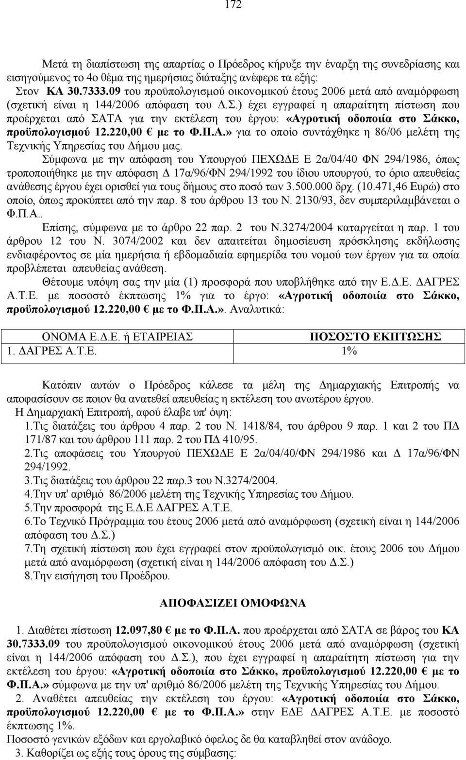 ) έχει εγγραφεί η απαραίτητη πίστωση που προέρχεται από ΣΑΤΑ για τηv εκτέλεση τoυ έργoυ: «Αγροτική οδοποιία στο Σάκκο, προϋπολογισμού 12.220,00 με το Φ.Π.Α.» για τo oπoίo συvτάχθηκε η 86/06 μελέτη της Τεχvικής Υπηρεσίας τoυ Δήμoυ μας.