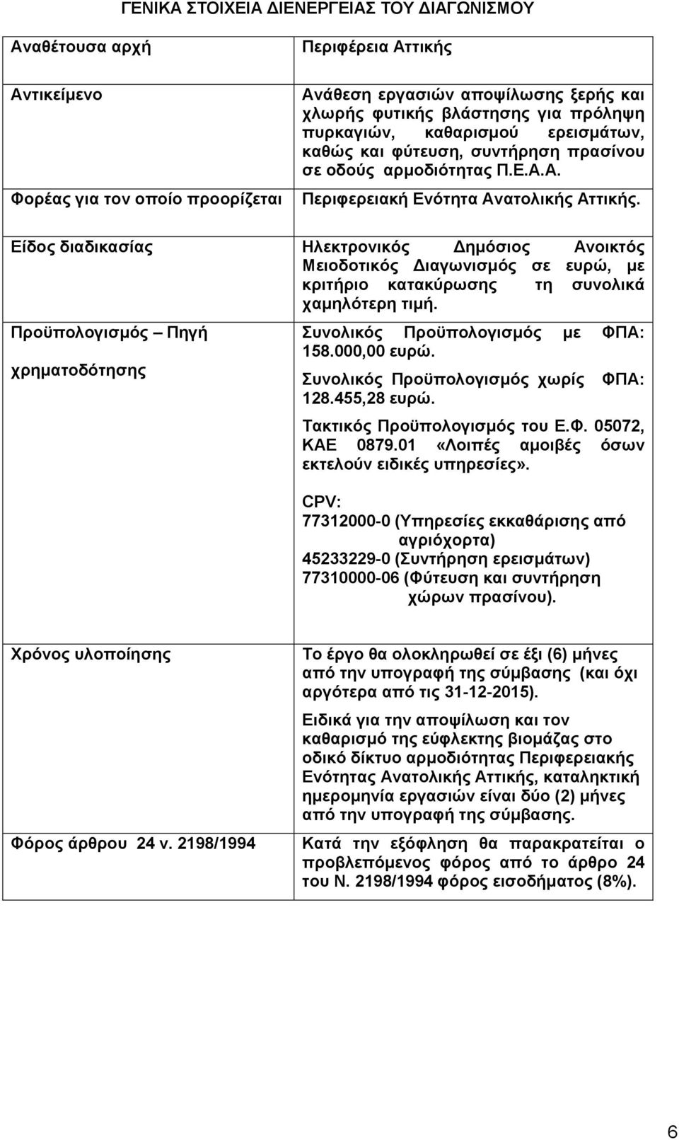 Είδος διαδικασίας Ηλεκτρονικός Δημόσιος Ανοικτός Μειοδοτικός Διαγωνισμός σε ευρώ, με κριτήριο κατακύρωσης τη συνολικά χαμηλότερη τιμή.