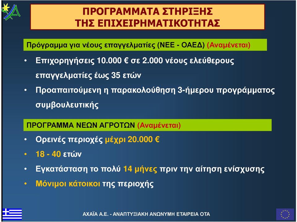 000 νέους ελεύθερους επαγγελµατίες έως 35 ετών Προαπαιτούµενη η παρακολούθηση 3-ήµερου προγράµµατος