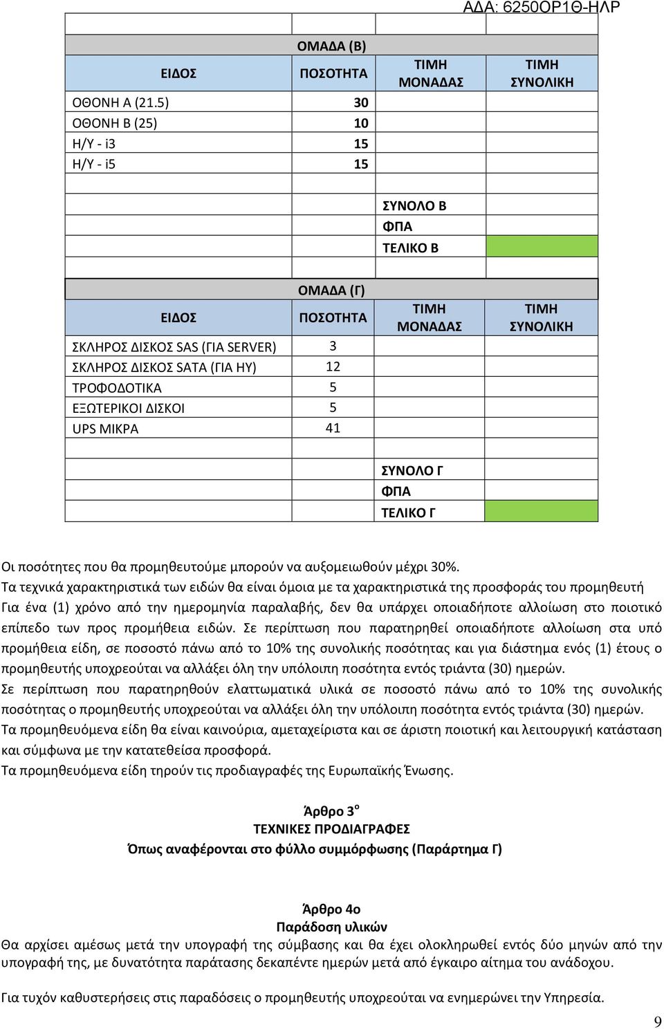 ΕΞΩΤΕΡΙΚΟΙ ΔΙΣΚΟΙ 5 UPS ΜΙΚΡΑ 41 ΤΙΜΗ ΜΟΝΑΔΑΣ ΤΙΜΗ ΣΥΝΟΛΙΚΗ ΣΥΝΟΛΟ Γ ΦΠΑ ΤΕΛΙΚΟ Γ Οι ποσότητες που θα προμηθευτούμε μπορούν να αυξομειωθούν μέχρι 30%.