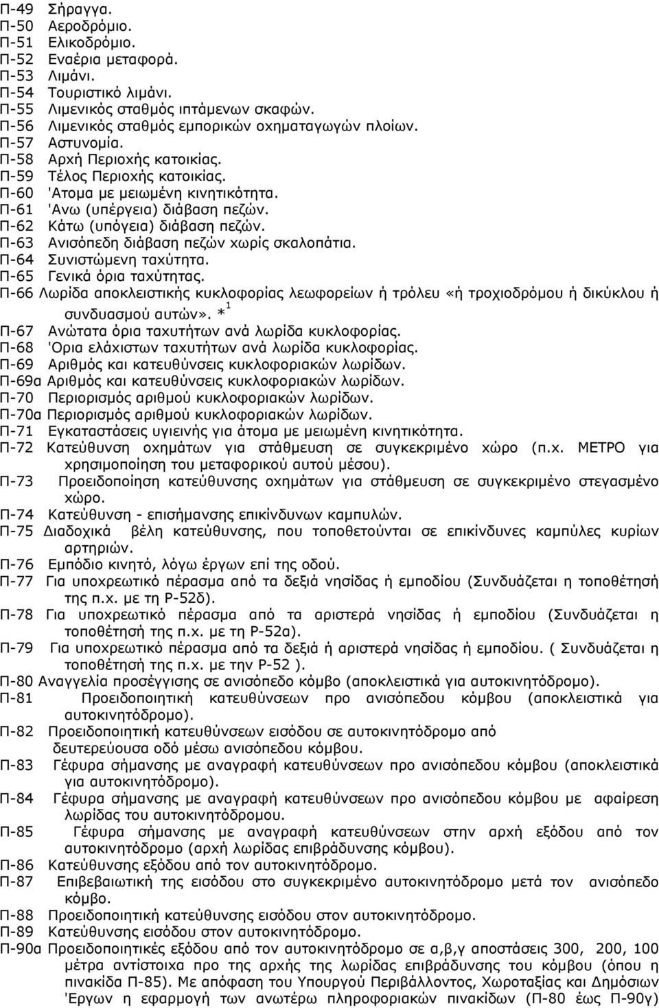 Π-61 'Aνω (υπέργεια) διάβαση πεζών. Π-62 Kάτω (υπόγεια) διάβαση πεζών. Π-63 Aνισόπεδη διάβαση πεζών xωρίς σκαλoπάτια. Π-64 Συνιστώµενη ταxύτητα. Π-65 Γενικά όρια ταxύτητας.