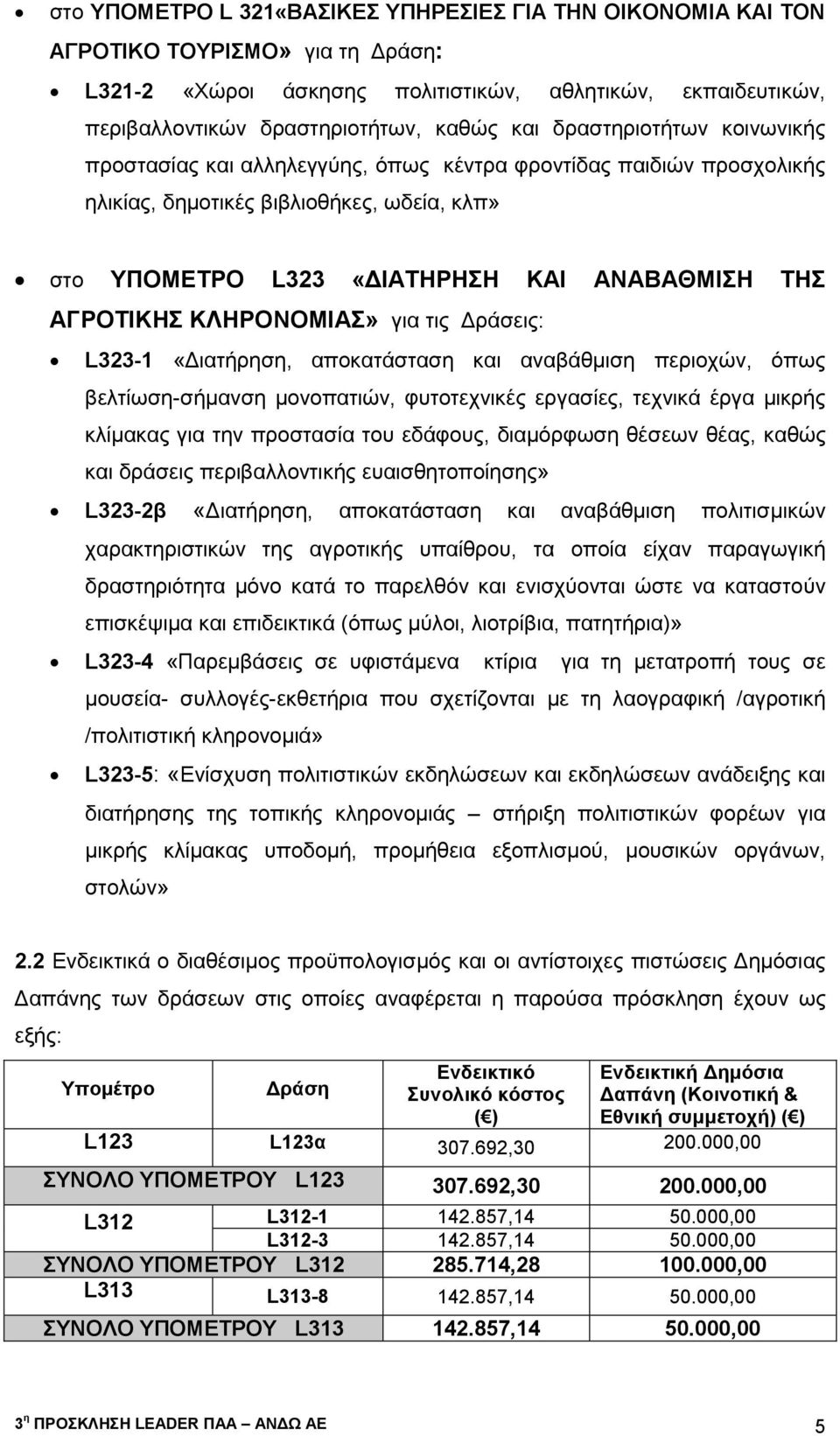 ΚΛΗΡΟΝΟΜΙΑΣ» για τις Δράσεις: L323-1 «Διατήρηση, αποκατάσταση και αναβάθμιση περιοχών, όπως βελτίωση-σήμανση μονοπατιών, φυτοτεχνικές εργασίες, τεχνικά έργα μικρής κλίμακας για την προστασία του