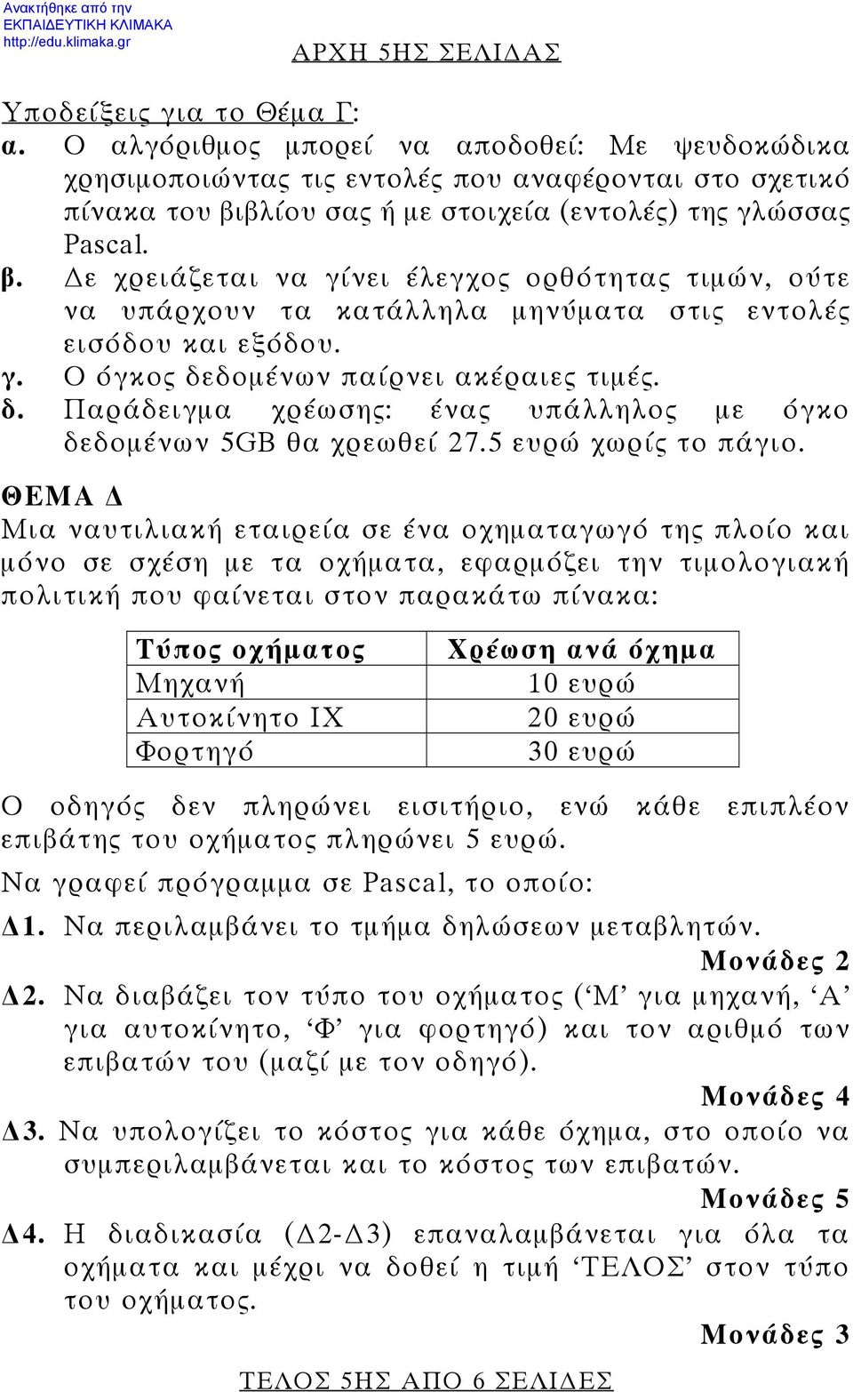 βλίου σας ή με στοιχεία (εντολές) της γλώσσας Pascal. β. ε χρειάζεται να γίνει έλεγχος ορθότητας τιμών, ούτε να υπάρχουν τα κατάλληλα μηνύματα στις εντολές εισόδου και εξόδου. γ. Ο όγκος δεδομένων παίρνει ακέραιες τιμές.