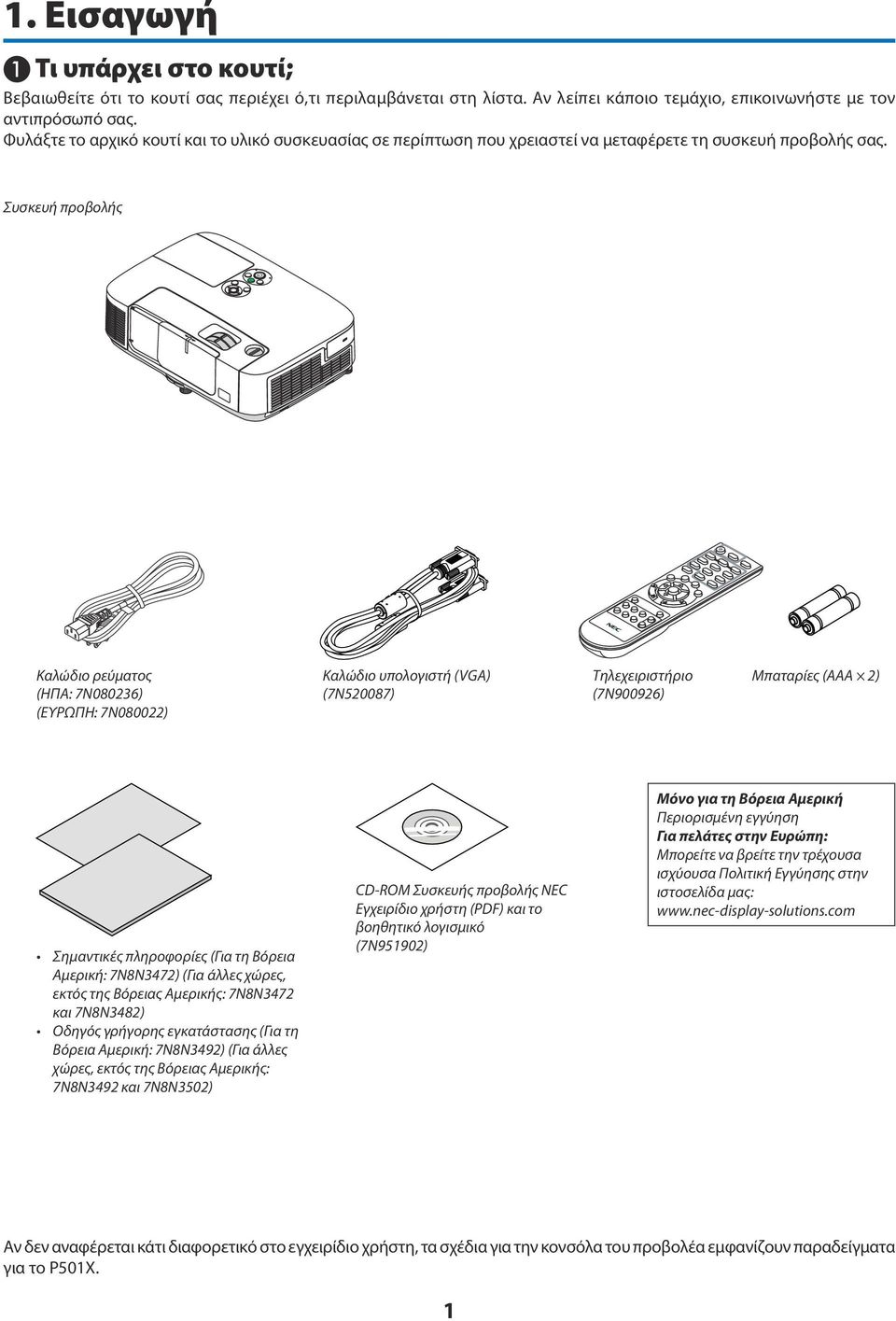 Συσκευή προβολής Καλώδιο ρεύματος (ΗΠΑ: 7N080236) (ΕΥΡΩΠΗ: 7N080022) Καλώδιο υπολογιστή (VGA) (7N520087) Τηλεχειριστήριο (7N900926) Μπαταρίες (AAA 2) Σημαντικές πληροφορίες (Για τη Βόρεια Αμερική: