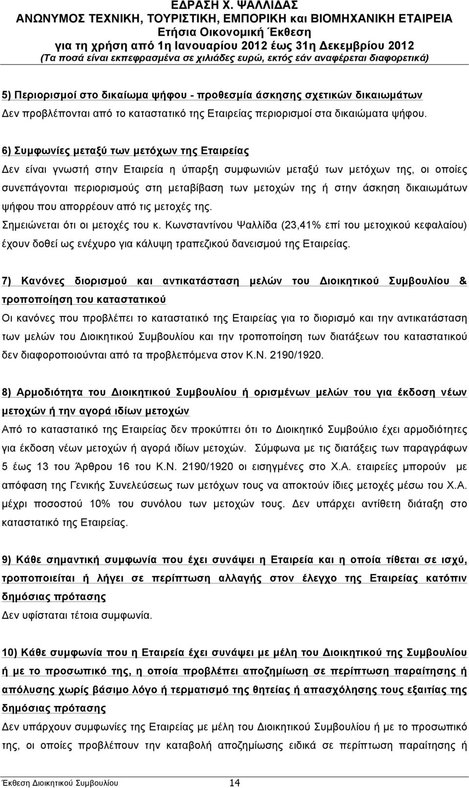 άσκηση δικαιωµάτων ψήφου που απορρέουν από τις µετοχές της. Σηµειώνεται ότι οι µετοχές του κ.