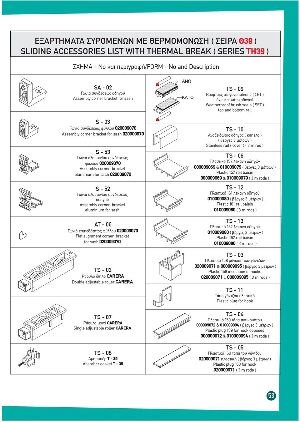 for sash S - 53 Γωνιά αλουµινίου συνδέσεως φύλλου Assembly corner bracket aluminium for sash Γωνιά αλουµινίου συνδέσεως oδηγού Assembly corner bracket aluminium for sash ΑΤ - 06 Γωνιά επιπεδότητος