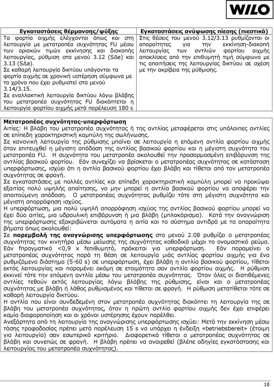 Σε εναλλακτική λειτουργία δικτύου λόγω βλάβης του μετατροπέα συχνότητας FU διακόπτεται η λειτουργία φορτίου αιχμής μετά παρέλευση 180 s Εγκαταστάσεις ανύψωσης πίεσης (πιεστικά) Στις θέσεις του μενού