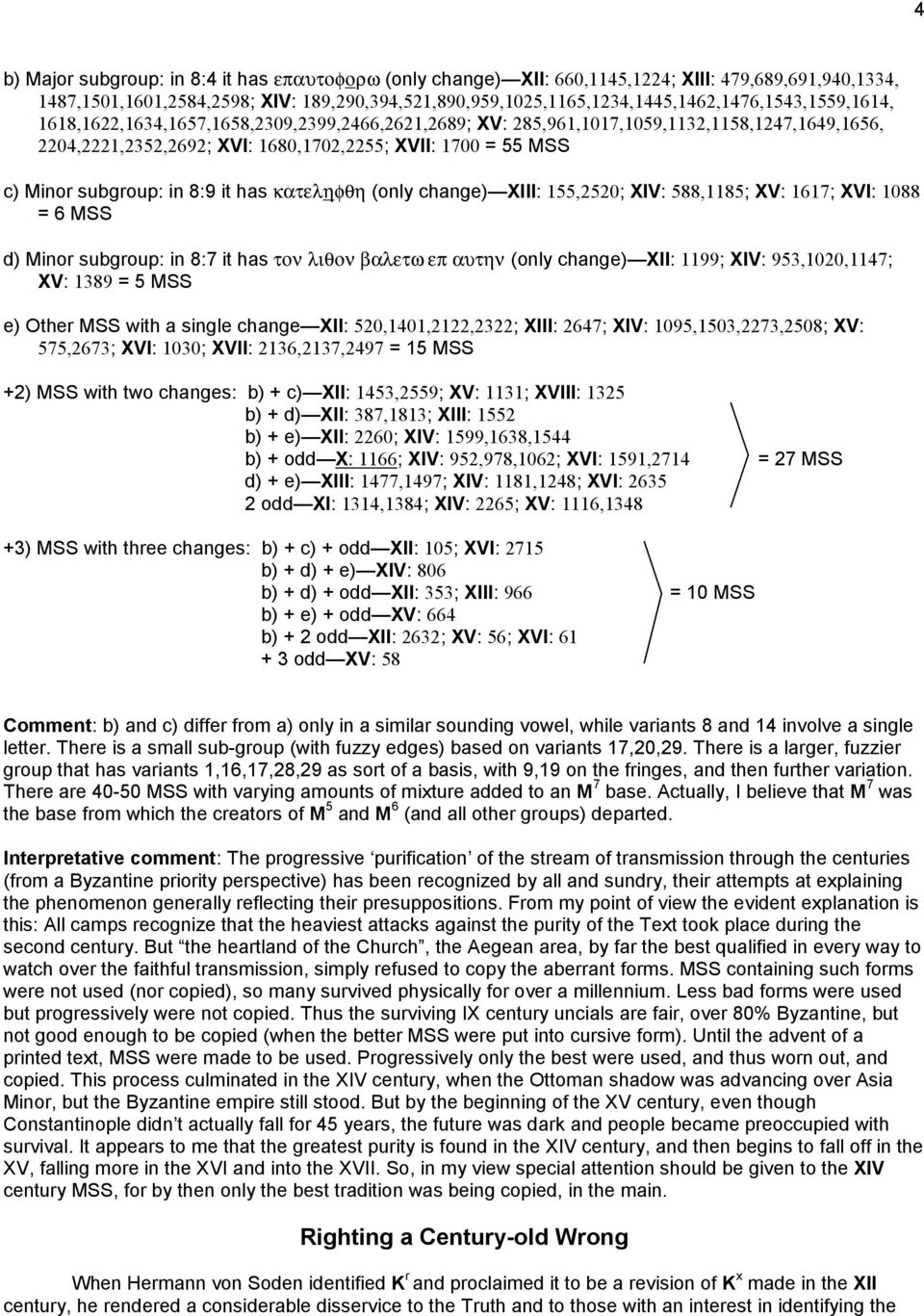 1680,1702,2255; XVII: 1700 = 55 MSS c) Minor subgroup: in 8:9 it has κατεληφθη (only change) XIII: 155,2520; XIV: 588,1185; XV: 1617; XVI: 1088 = 6 MSS d) Minor subgroup: in 8:7 it has τον λιθον