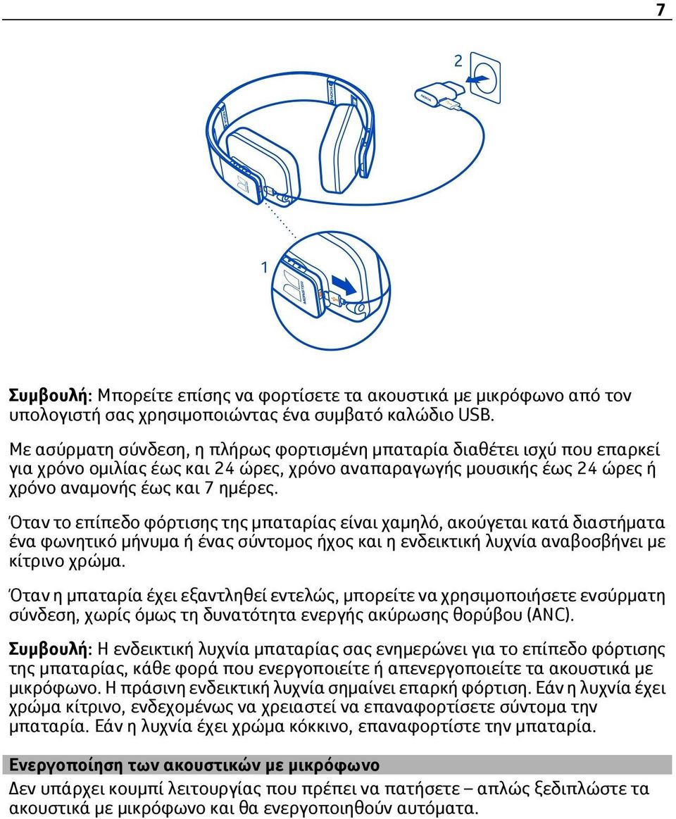 Όταν το επίπεδο φόρτισης της μπαταρίας είναι χαμηλό, ακούγεται κατά διαστήματα ένα φωνητικό μήνυμα ή ένας σύντομος ήχος και η ενδεικτική λυχνία αναβοσβήνει με κίτρινο χρώμα.