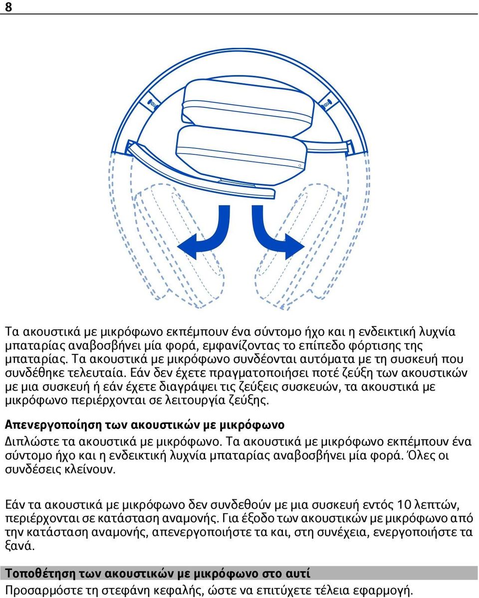 Εάν δεν έχετε πραγματοποιήσει ποτέ ζεύξη των ακουστικών με μια συσκευή ή εάν έχετε διαγράψει τις ζεύξεις συσκευών, τα ακουστικά με μικρόφωνο περιέρχονται σε λειτουργία ζεύξης.