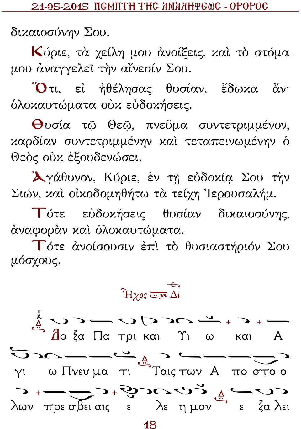 Θυσία τῷ Θεῷ, πνεῦμα συντετριμμένον, καρδίαν συντετριμμένην καὶ τεταπεινωμένην ὁ Θεὸς οὐκ ἐξουδενώσει.