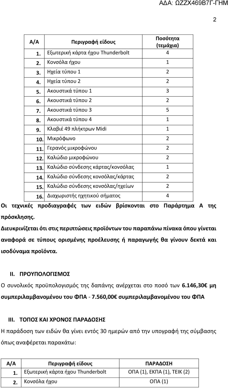 Καλώδιο σύνδεσης κονσόλας/κάρτας 2 15. Καλώδιο σύνδεσης κονσόλας/ηχείων 2 16. Διαχωριστής ηχητικού σήματος 4 Οι τεχνικές προδιαγραφές των ειδών βρίσκονται στο Παράρτημα Α της πρόσκλησης.