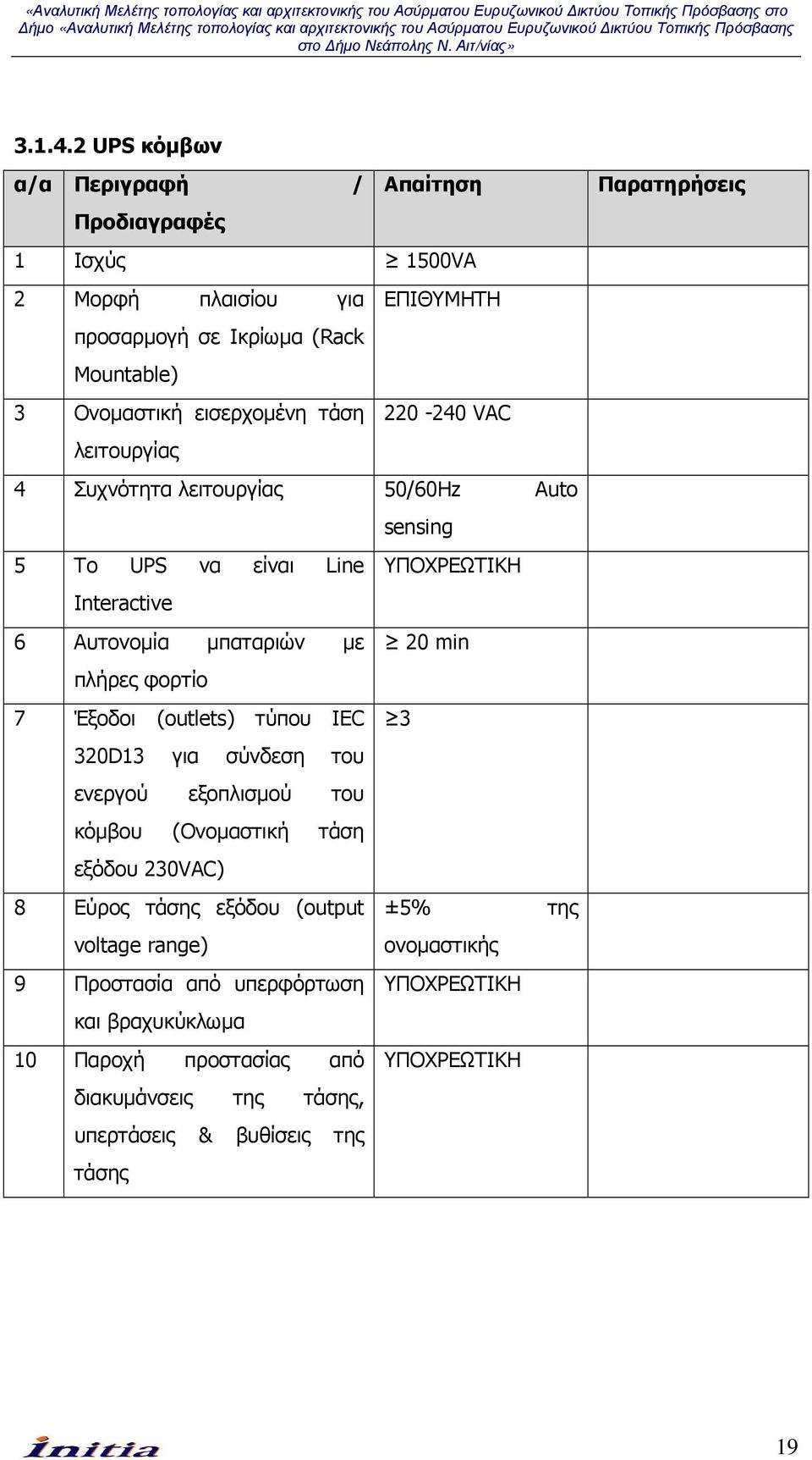 220-240 VAC λειτουργίας 4 Συχνότητα λειτουργίας 50/60Hz Auto sensing 5 Το UPS να είναι Line ΥΠΟΧΡΕΩΤΙΚΗ Interactive 6 Αυτονοµία µπαταριών µε 20 min πλήρες φορτίο 7