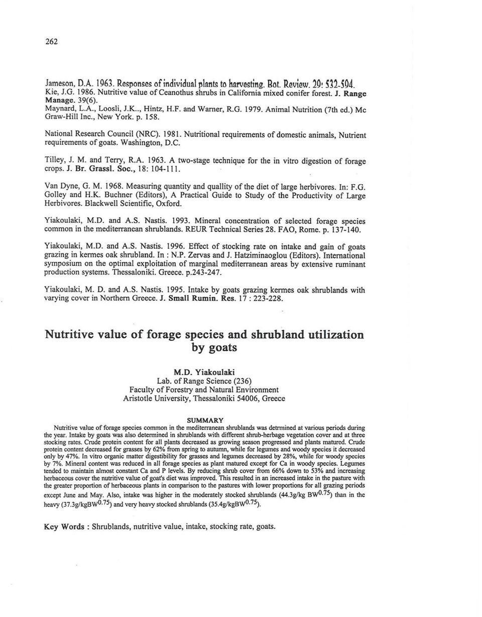 Nutήtiona1 requirements of domestic animals, Nutrient requirements of goats. Washington, D.C. Tilley, J. Μ. and Terry, R.A. 1963. Α two-stage technique for the in vitro digestion of forage crops. J. Br.