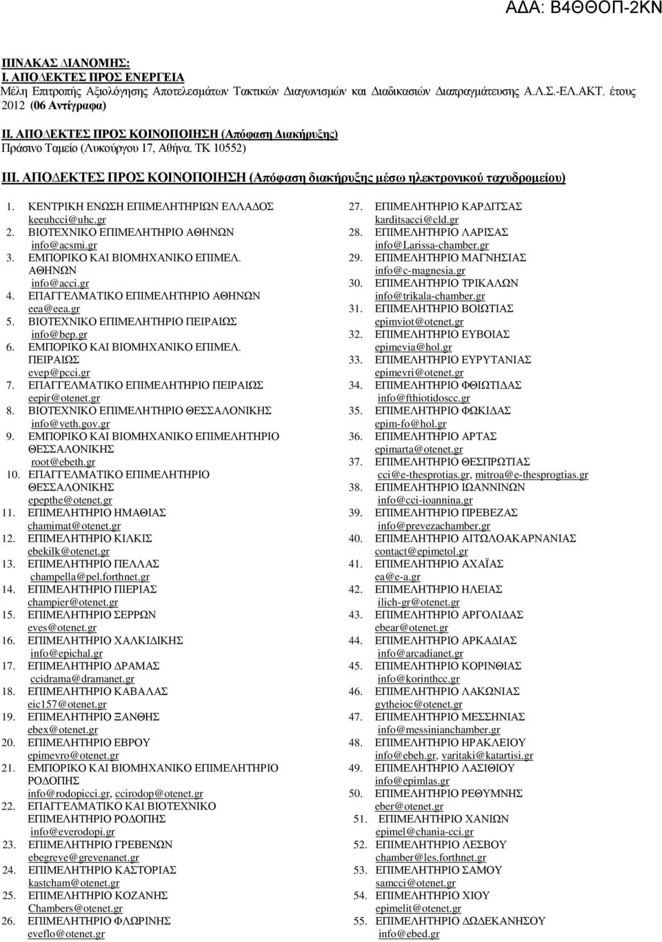 ΚΔΝΣΡΗΚΖ ΔΝΩΖ ΔΠΗΜΔΛΖΣΖΡΗΩΝ ΔΛΛΑΓΟ keeuhcci@uhc.gr 2. ΒΗΟΣΔΥΝΗΚΟ ΔΠΗΜΔΛΖΣΖΡΗΟ ΑΘΖΝΩΝ info@acsmi.gr 3. ΔΜΠΟΡΗΚΟ ΚΑΗ ΒΗΟΜΖΥΑΝΗΚΟ ΔΠΗΜΔΛ. ΑΘΖΝΩΝ info@acci.gr 4. ΔΠΑΓΓΔΛΜΑΣΗΚΟ ΔΠΗΜΔΛΖΣΖΡΗΟ ΑΘΖΝΩΝ eea@eea.