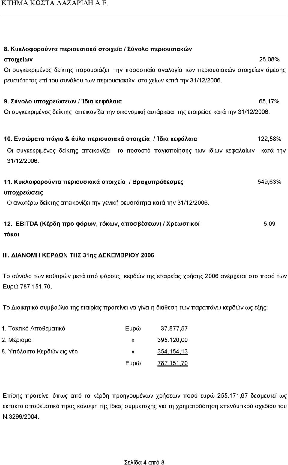 Ενσώµατα πάγια & άϋλα περιουσιακά στοιχεία / Ίδια κεφάλαια 122,58% Οι συγκεκριµένος δείκτης απεικονίζει το ποσοστό παγιοποίησης των ιδίων κεφαλαίων κατά την 31/12/2006. 11.