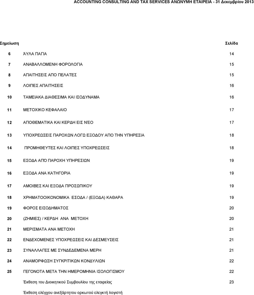 ΠΑΡΟΧΗ ΥΠΗΡΕΣΙΩΝ 19 16 ΕΞΟΔΑ ΑΝΑ ΚΑΤΗΓΟΡΙΑ 19 17 ΑΜΟΙΒΕΣ ΚΑΙ ΕΞΟΔΑ ΠΡΟΣΩΠΙΚΟΥ 19 18 ΧΡΗΜΑΤΟΟΙΚΟΝΟΜΙΚΑ ΕΣΟΔΑ / (ΕΞΟΔΑ) ΚΑΘΑΡΑ 19 19 ΦΟΡΟΣ ΕΙΣΟΔΗΜΑΤΟΣ 20 20 (ΖΗΜΙΕΣ) / ΚΕΡΔΗ ΑΝΑ ΜΕΤΟΧΗ 20 21 ΜΕΡΙΣΜΑΤΑ