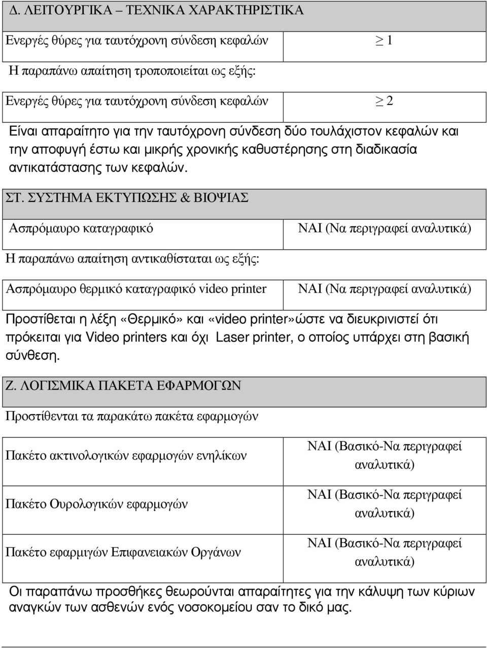 ΣΥΣΤΗΜΑ ΕΚΤΥΠΩΣΗΣ & ΒΙΟΨΙΑΣ Ασπρόµαυρο καταγραφικό Η παραπάνω απαίτηση αντικαθίσταται ως εξής: Ασπρόµαυρο θερµικό καταγραφικό video printer Προστίθεται η λέξη «Θερµικό» και «video printer»ώστε να