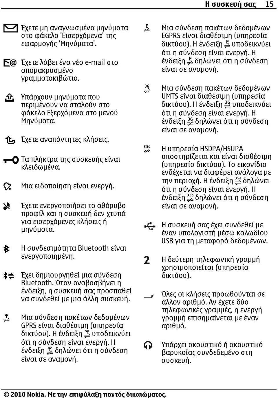 Έχετε ενεργοποιήσει το αθόρυβο προφίλ και η συσκευή δεν χτυπά για εισερχόµενες κλήσεις ή µηνύµατα. Η συνδεσιµότητα Bluetooth είναι ενεργοποιηµένη. Έχει δηµιουργηθεί µια σύνδεση Bluetooth.