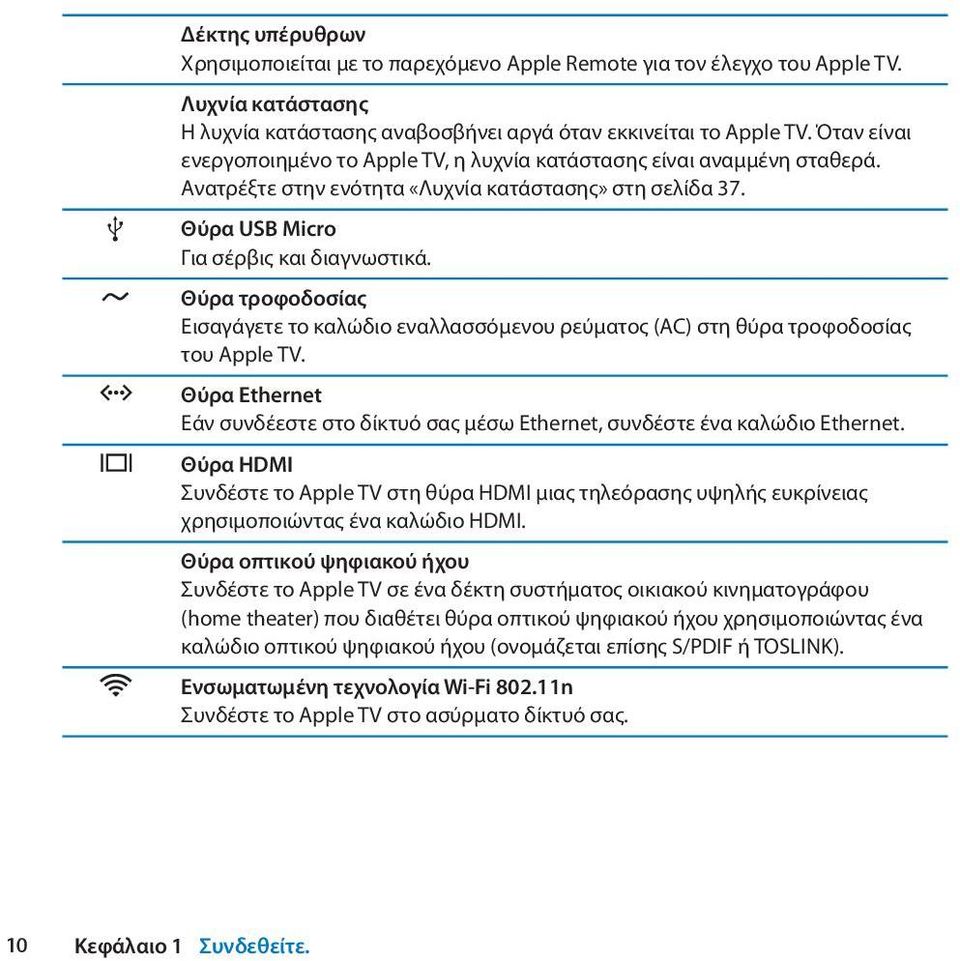Θύρα τροφοδοσίας Εισαγάγετε το καλώδιο εναλλασσόμενου ρεύματος (AC) στη θύρα τροφοδοσίας του Apple TV. G Θύρα Ethernet Εάν συνδέεστε στο δίκτυό σας μέσω Ethernet, συνδέστε ένα καλώδιο Ethernet.