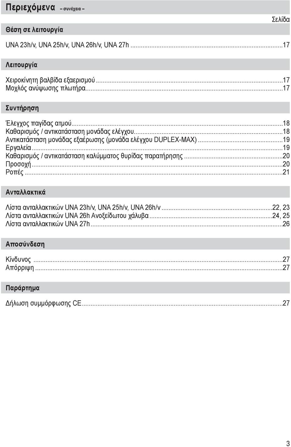 ..19 Καθαρισμός / αντικατάσταση καλύμματος θυρίδας παρατήρησης...20 Προσοχή...20 Ροπές...21 Ανταλλακτικά Λίστα ανταλλακτικών UNA 23h/v, UNA 25h/v, UNA 26h/v.