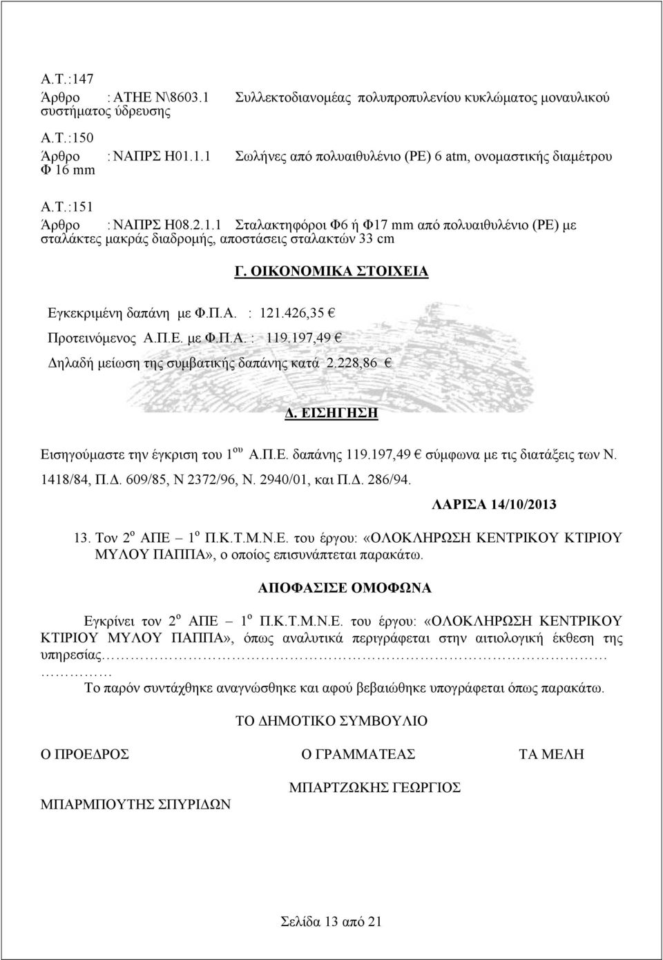 197,49 Δηλαδή μείωση της συμβατικής δαπάνης κατά 2.228,86 Δ. ΕΙΣΗΓΗΣΗ Εισηγούμαστε την έγκριση του 1 ου Α.Π.Ε. δαπάνης 119.197,49 σύμφωνα με τις διατάξεις των Ν. 1418/84, Π.Δ. 609/85, Ν 2372/96, Ν.