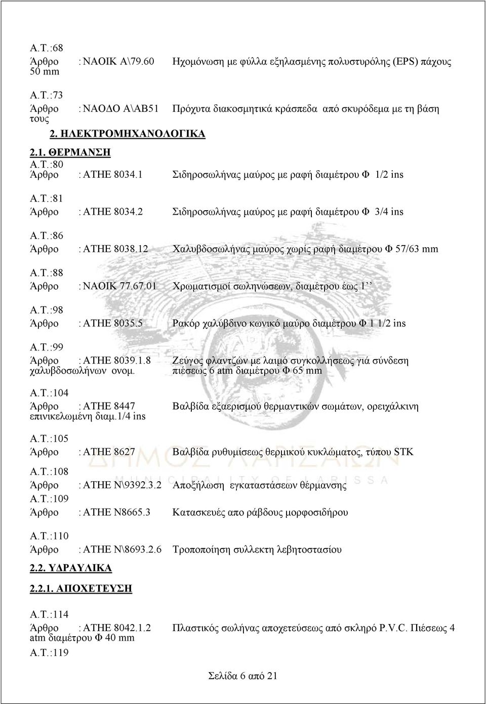 12 Χαλυβδοσωλήνας μαύρος χωρίς ραφή διαμέτρου Φ 57/63 mm Α.Τ. :88 : ΝΑΟΙΚ 77.67.01 Χρωματισμοί σωληνώσεων, διαμέτρου έως 1 Α.Τ. :98 : ΑΤΗΕ 8035.5 Ρακόρ χαλύβδινο κωνικό μαύρο διαμέτρου Φ 1 1/2 ins Α.